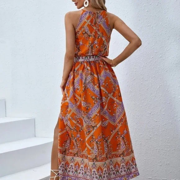 Orange Preppy Womens Floral Print Halter Neck Dress - Picture 3 of 5